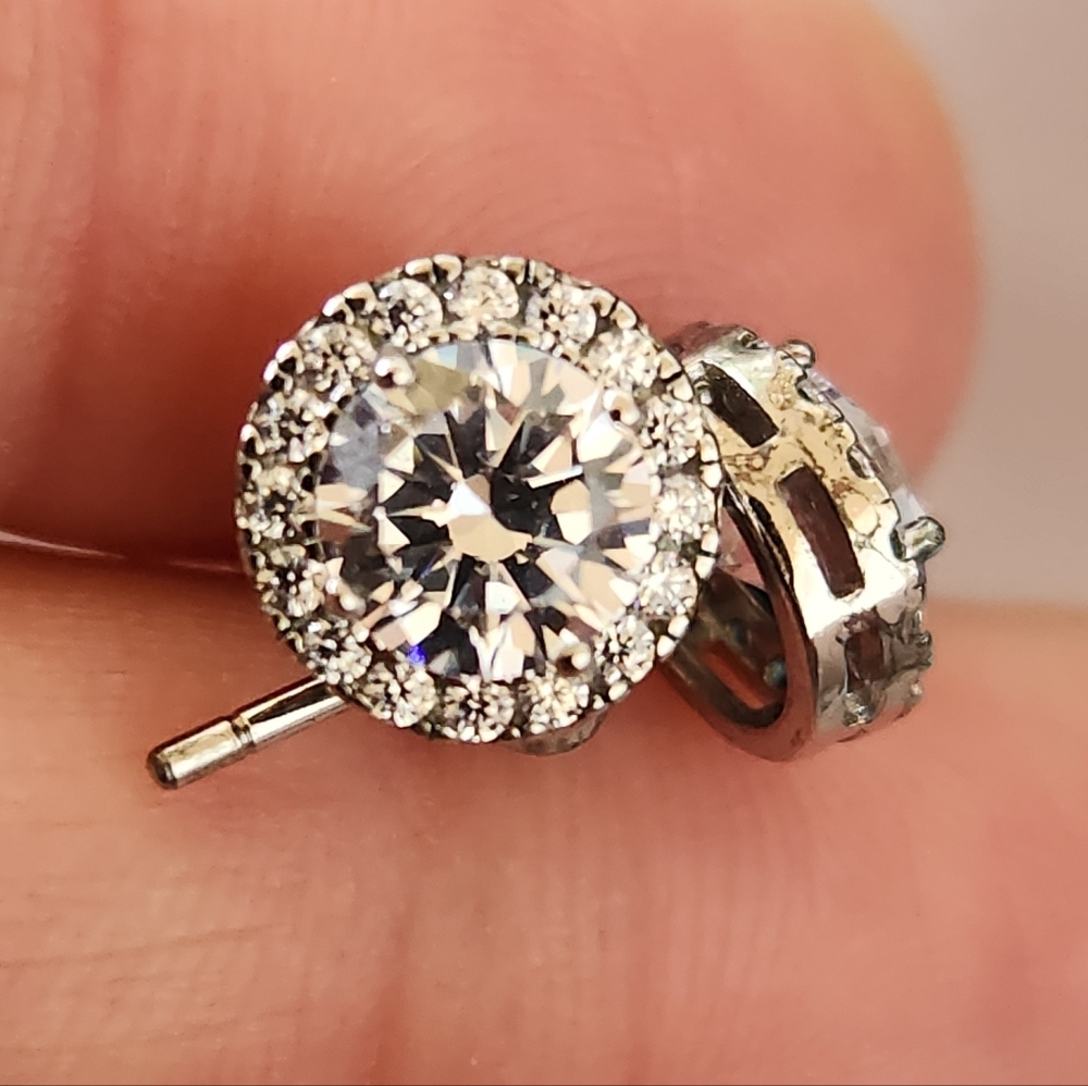 Suzy Levian Sterling Silver Cubic Zirconia Halo Stud Earrings - Picture 2 of 11